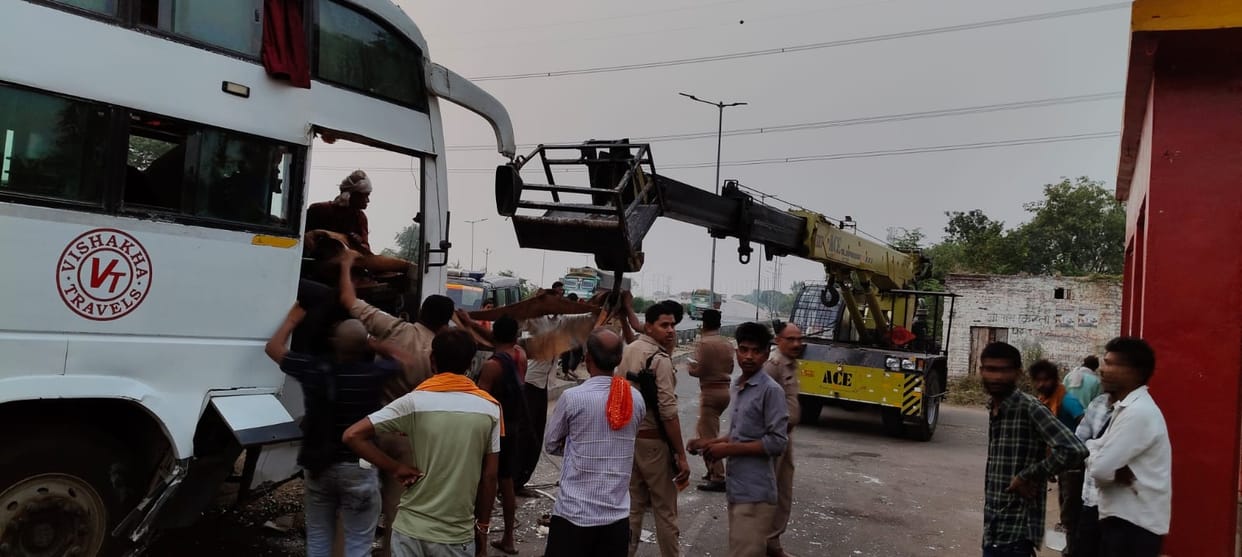 Etawah Accident Sleeper bus collided with divider and reached tother side seven passengers injured