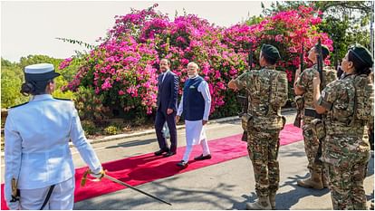 Prime Minister Narendra Modi being accorded an official welcome at the Presidential Palace in Nicosia Cyprus