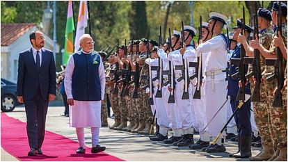 Prime Minister Narendra Modi being accorded an official welcome at the Presidential Palace in Nicosia Cyprus
