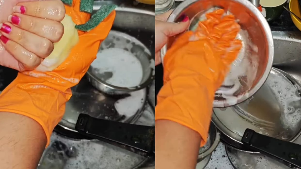 Bartan Dhone Ka Jugaad Easy Kitchen Hack For Washing Utensils With Scrubber Hand Video Goes Viral