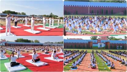 पुलिस लाइन मैदान में योग करते अफसर व कर्मचारी