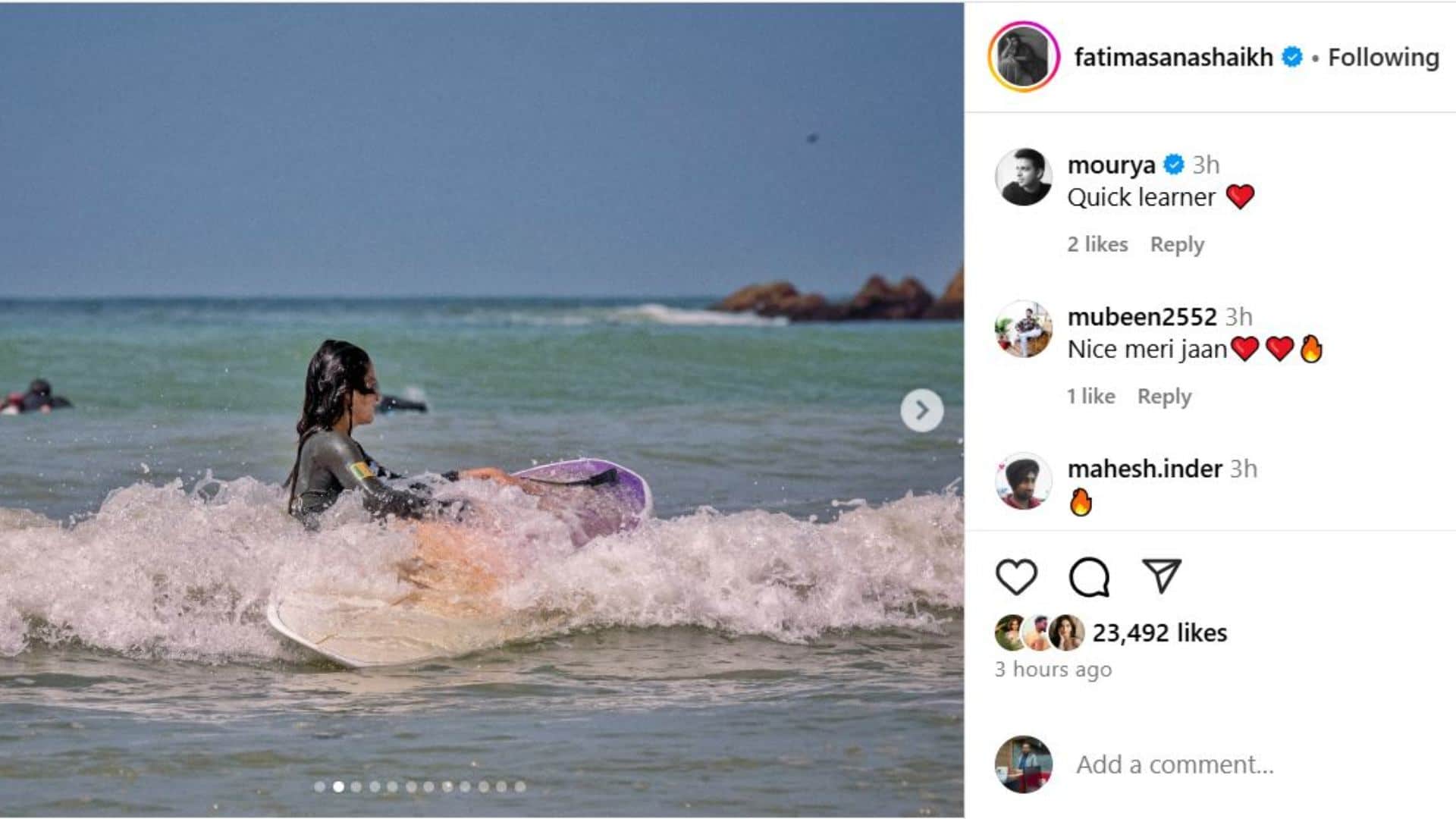 Fatima Sana Shaikh learn surfing shares photos in monokini