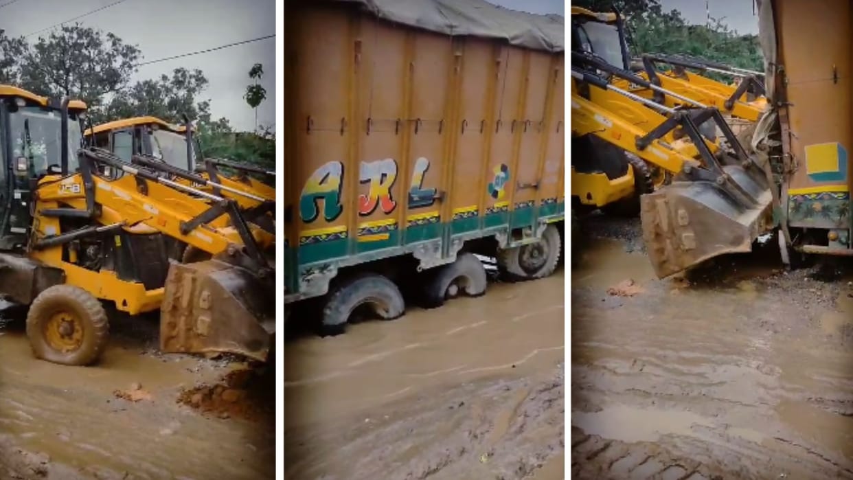 Heavy vehicle stuck on Kon-Telguduwa road due to waterlogging due to rain
