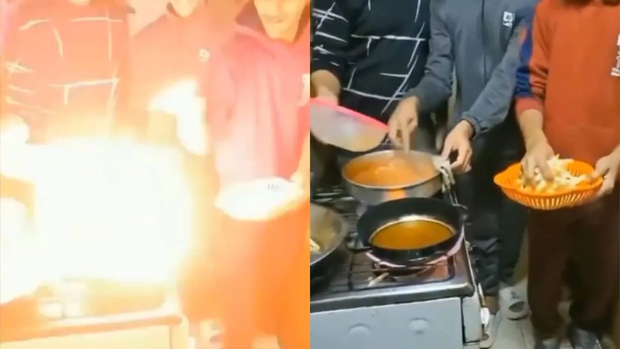 Friends went to the kitchen to cook food while cooking potato curry they set the room on fire Video goes Viral