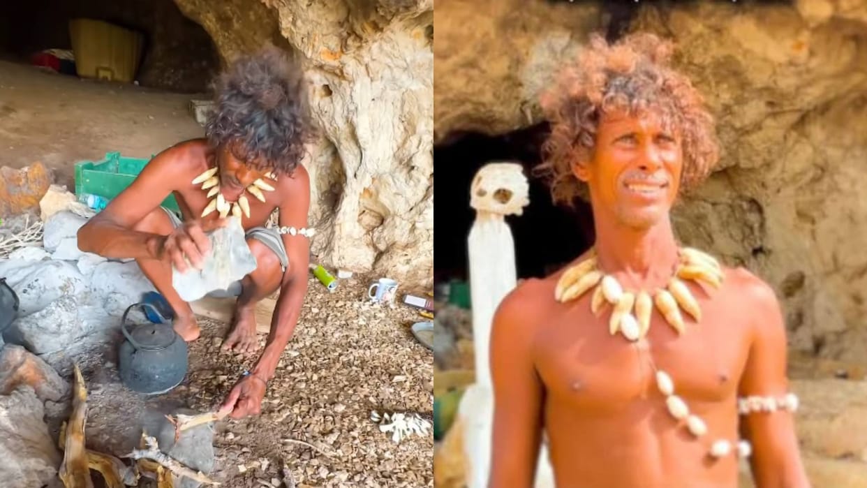 This is the last cave man on earth yemen he has given birth to 15 children built a house with bones