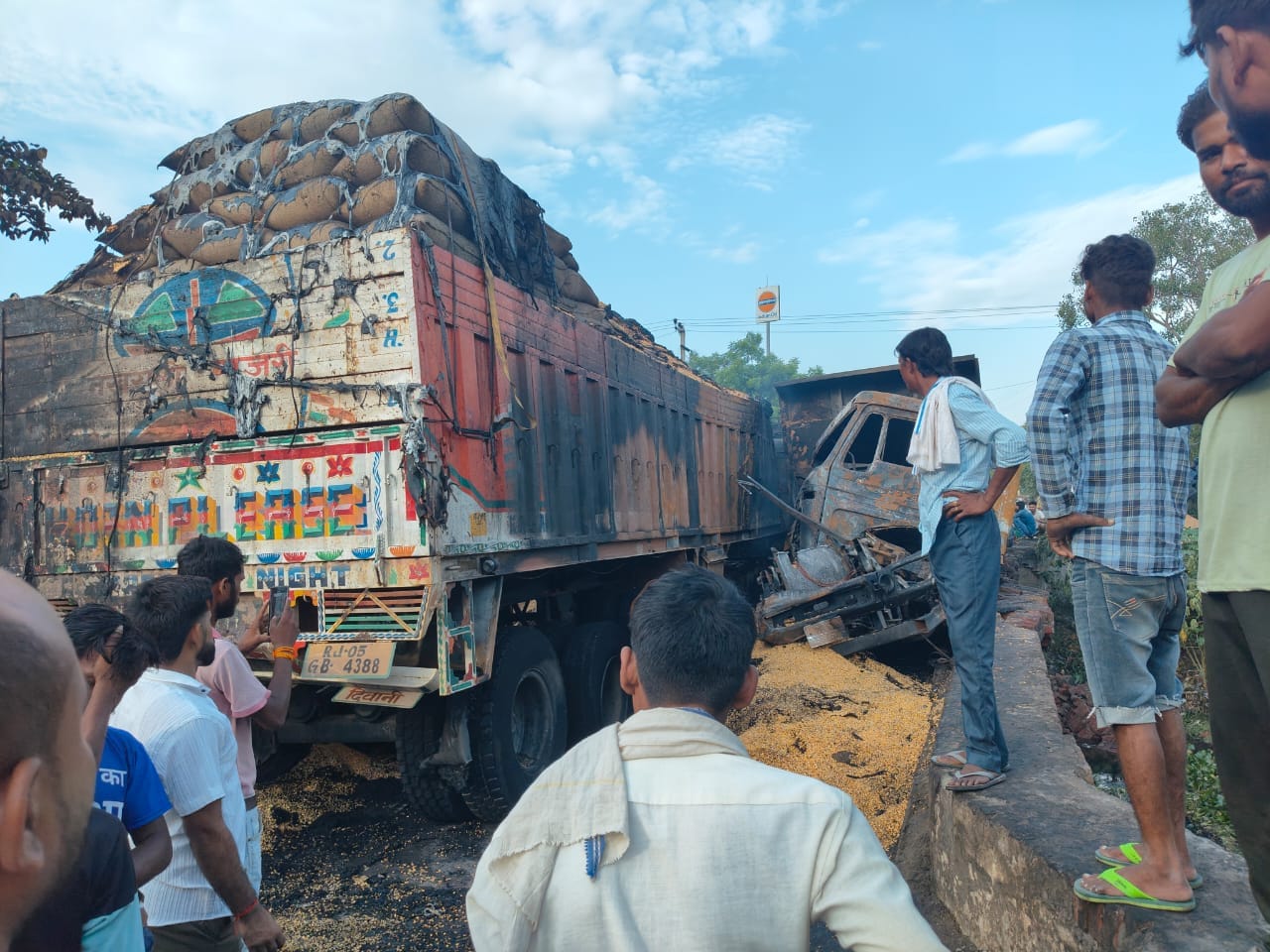 huge fire broke out after two trailers collided cleaner was burnt alive