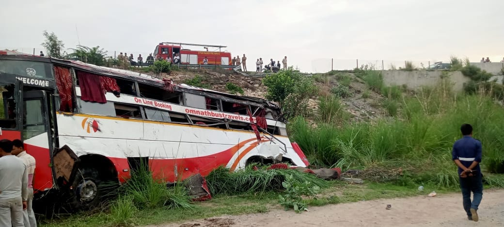 Etawah Accident Double decker bus went out of control and fell down from expressway two killed and 50 injured
