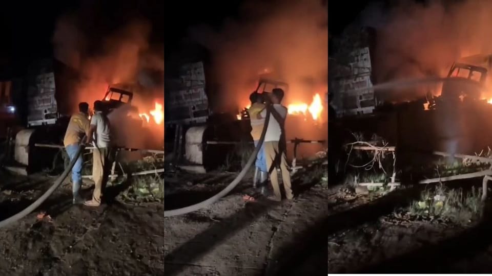 huge fire broke out after two trailers collided cleaner was burnt alive
