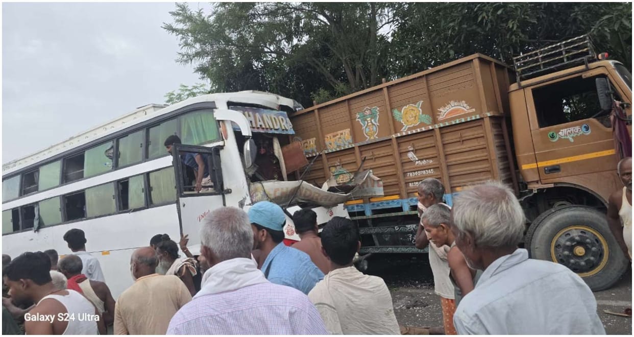 High speed bus collides with parked truck, more than 20 passengers injured
