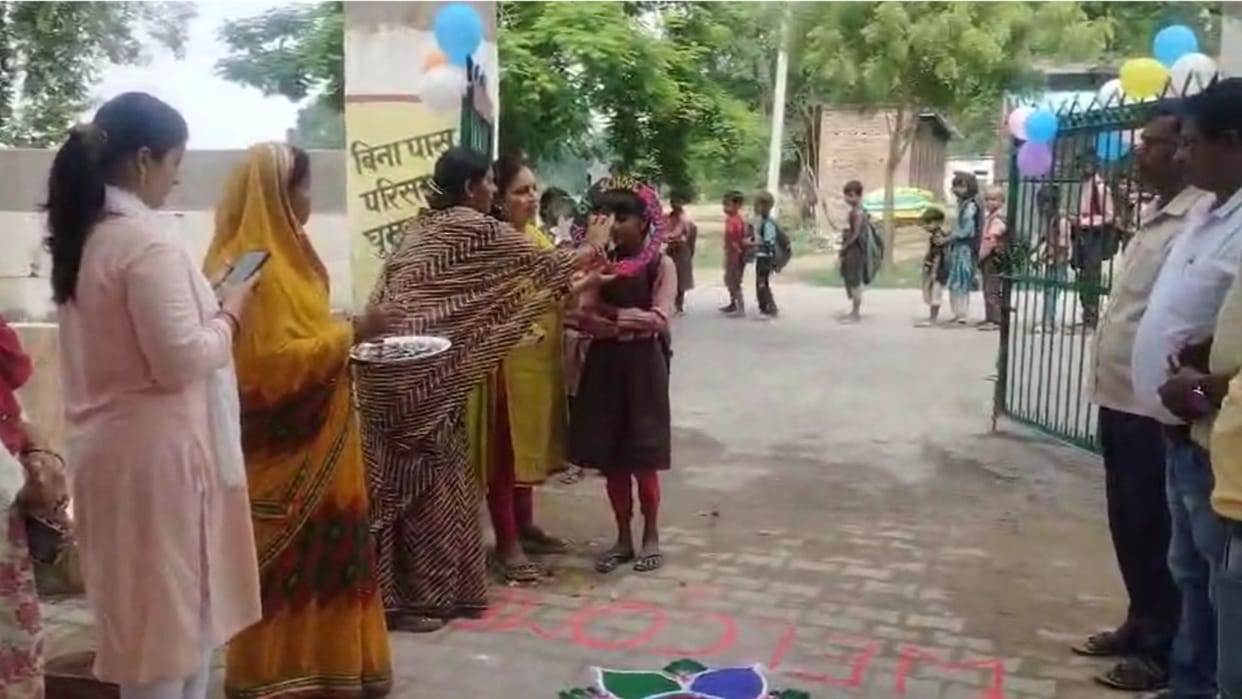Children were welcomed with sandalwood and tilak in schools