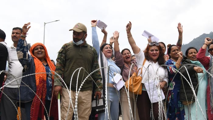 A group of Amarnath pilgrims arrive at base camp of Baltal.The first phase of annual Amarnath Yatra will begin