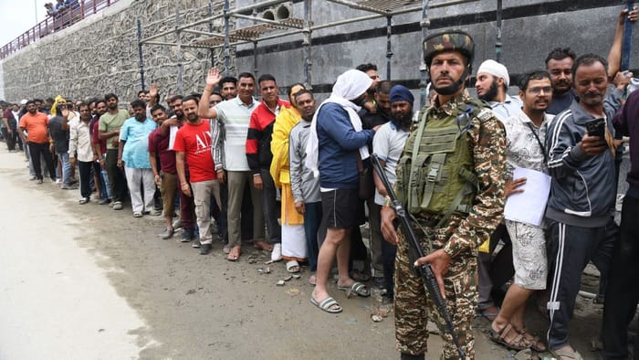 A group of Amarnath pilgrims arrive at base camp of Baltal.The first phase of annual Amarnath Yatra will begin