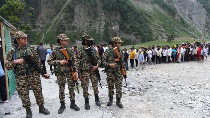 A group of Amarnath pilgrims arrive at base camp of Baltal.The first phase of annual Amarnath Yatra will begin