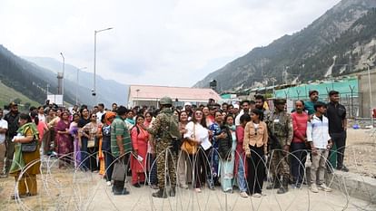 A group of Amarnath pilgrims arrive at base camp of Baltal.The first phase of annual Amarnath Yatra will begin