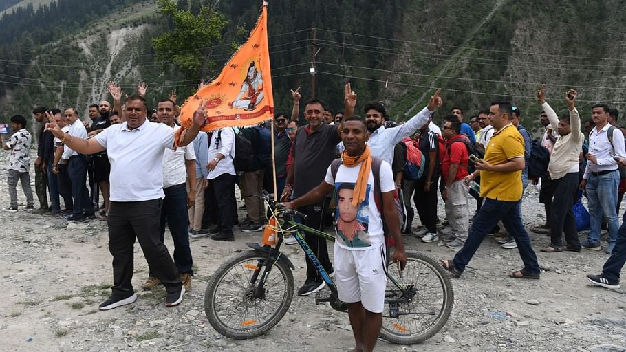 A group of Amarnath pilgrims arrive at base camp of Baltal.The first phase of annual Amarnath Yatra will begin
