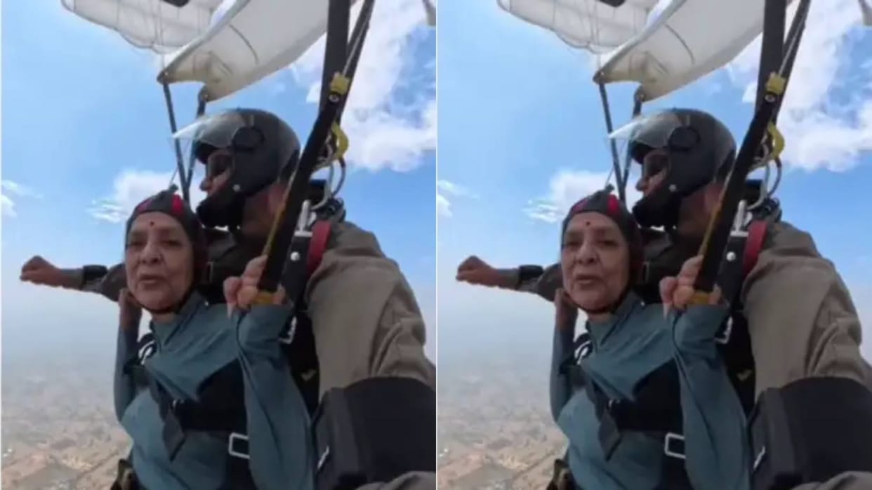 80 year old grandmother jumped from a height of 10 thousand feet Video goes Viral on Internet