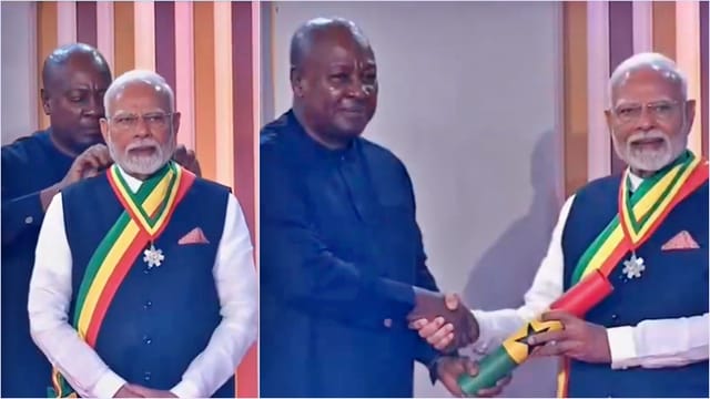 घाना में पीएम मोदी को सर्वोच्च नागरिक सम्मान देते राष्ट्रपति महामा