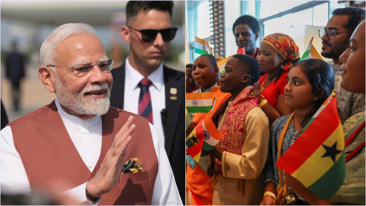 PM Modi Ghana Visit Photos Indians in Africa Children Paintings Indians welcome modi to Accra