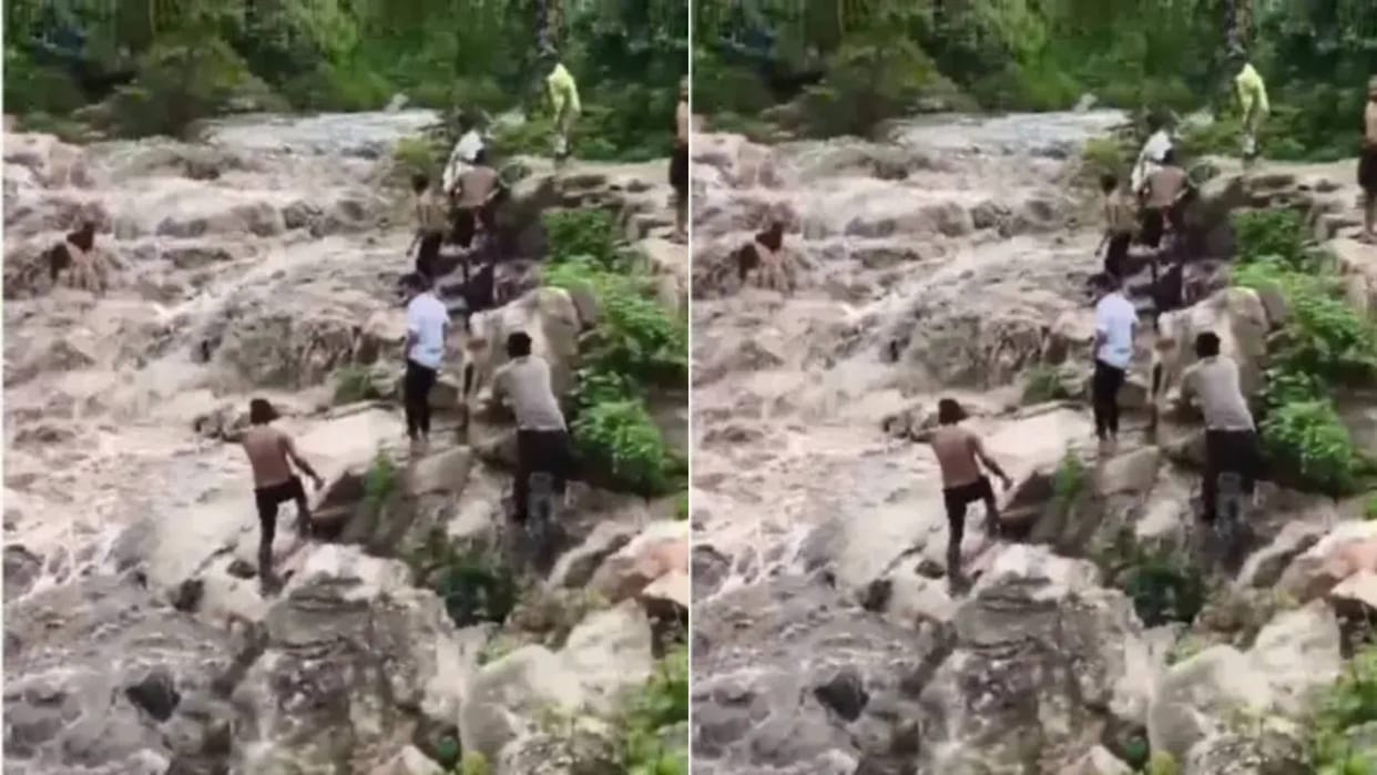People were having a lot of fun near the waterfall suddenly the water showed its fierce form Video Viral