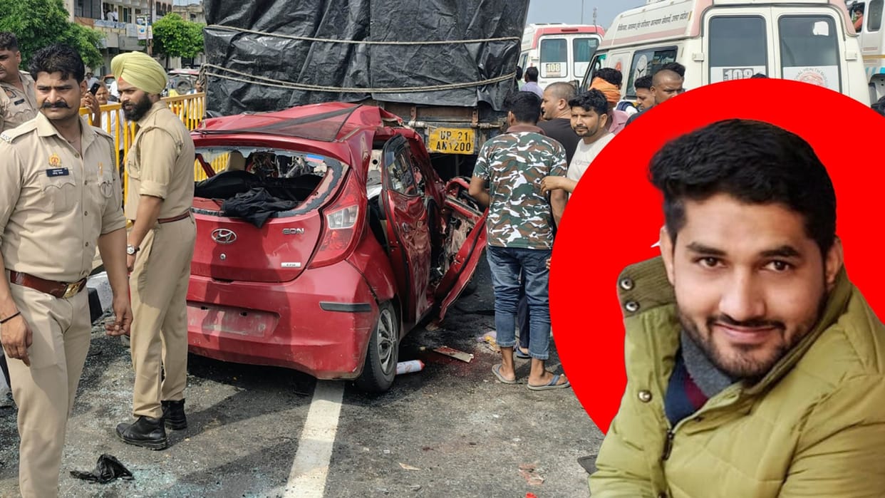 Car rams into a truck parked on highway in Gajraula Special Branch constable and his wife killed two sons inju
