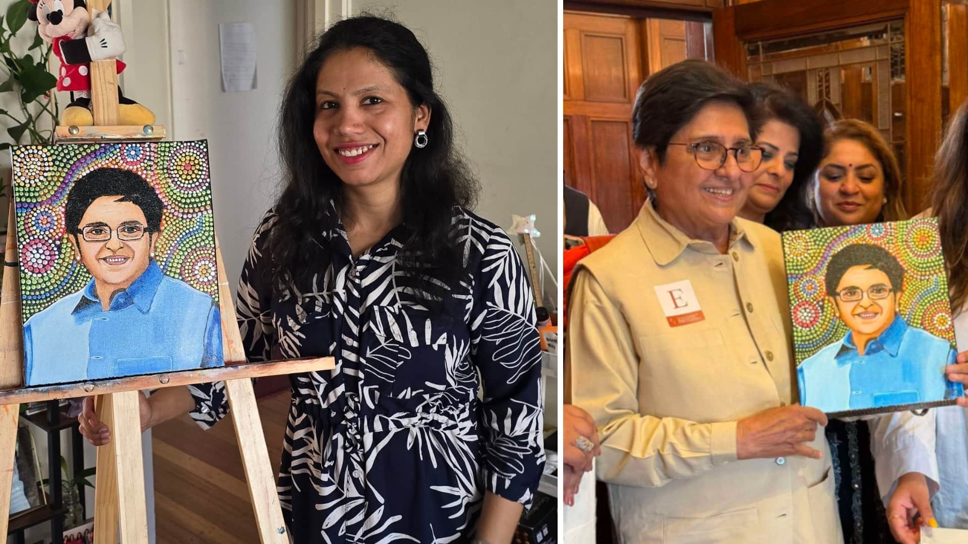 शिवपुरी की नेहा ने किरण बेदी की तस्वीर बनाई, जिसका अनावरण किरण बेदी ने मेलबर्न में किया।