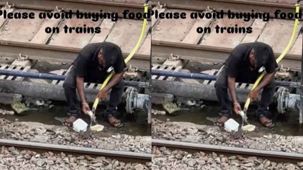 A boy was seen washing plates thrown from a train on the railway track Video goes Viral on Internet