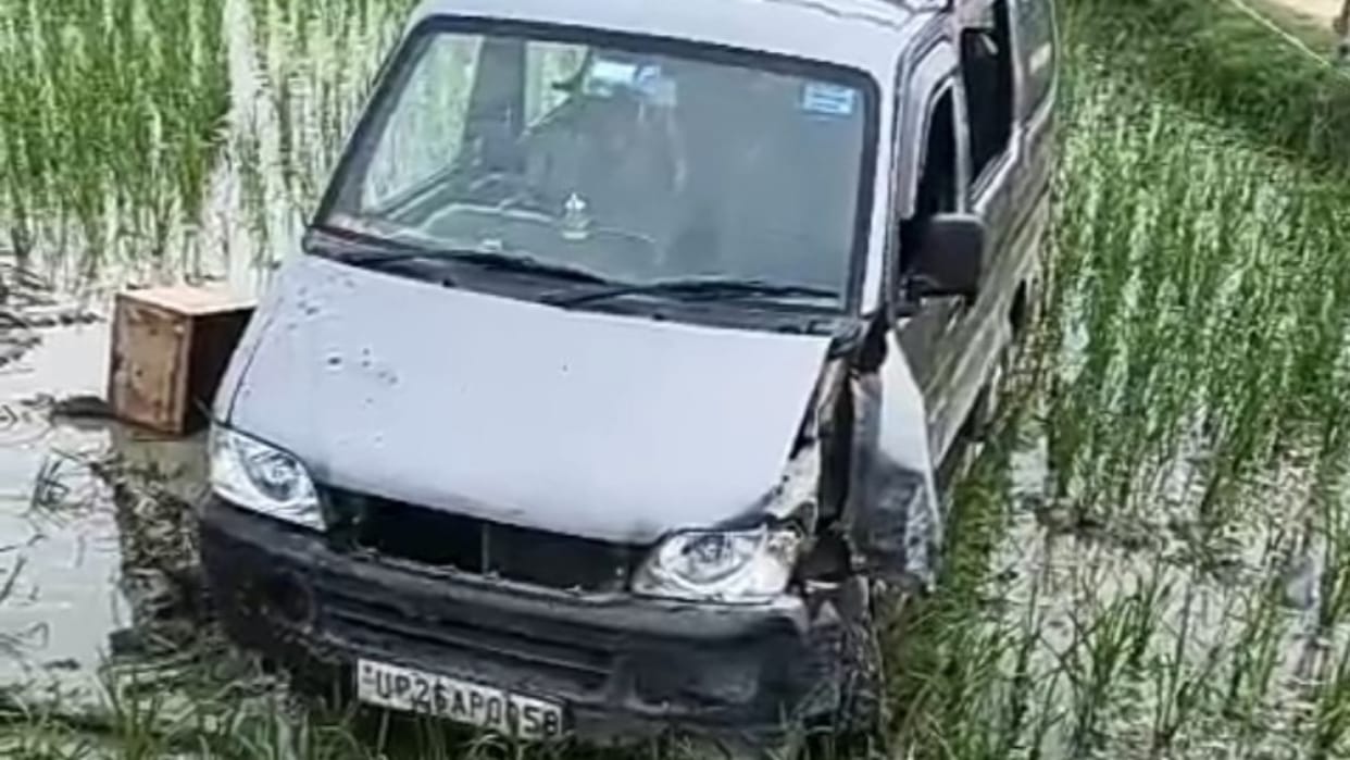 school van collided with electric pole and entered a paddy field in Pilibhit