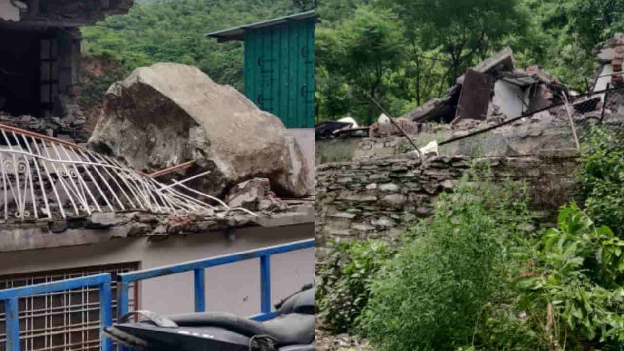 Landslide Devprayag from Nrusinhagachal mountain house damaged due to falling boulder debris one injured