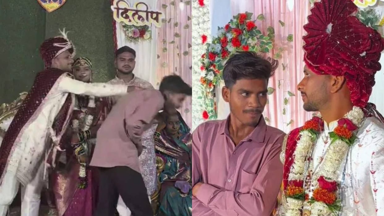 During garland ceremony friend whispered something into the grooms ear which made the boy angry video viral