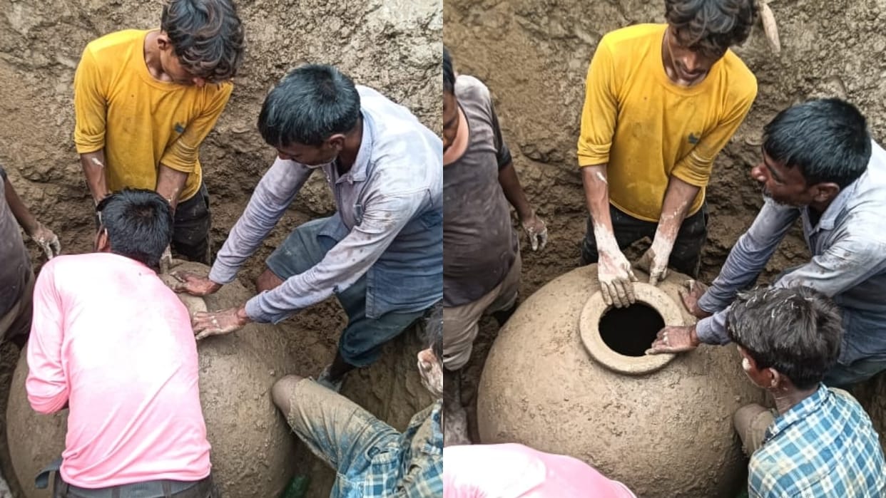Villagers surprised to find an old pot when they dug up their field in Budaun