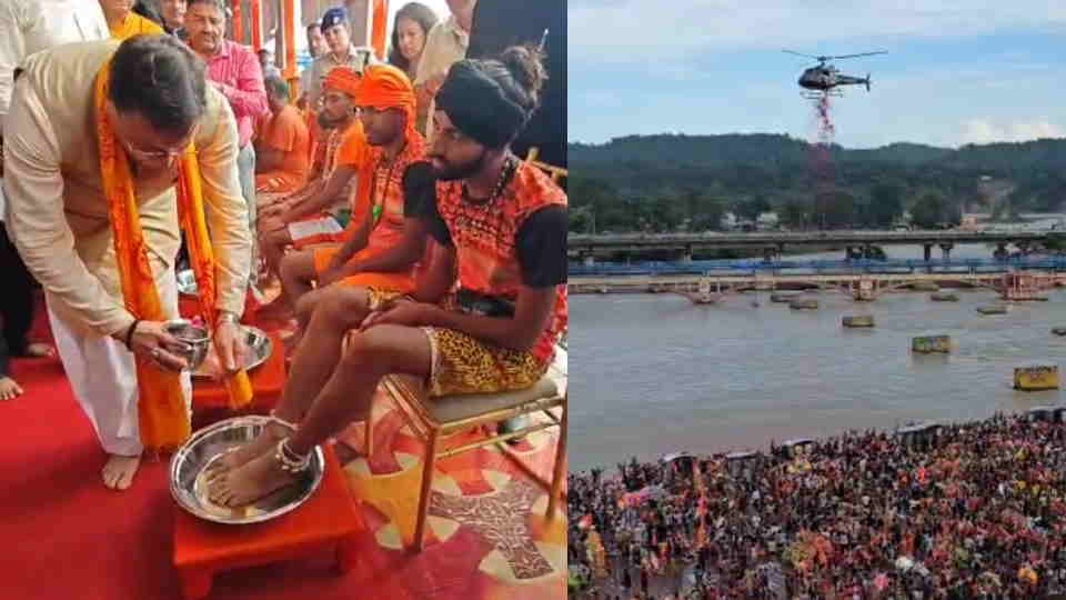 Kanwar Yatra 2025 CM Dhami welcome Kanwariyas in Haridwar and flower shower from Helicopter Photos