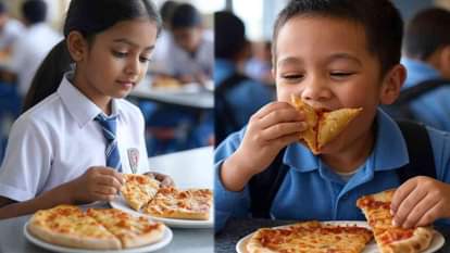 स्कूल में पिज्जा-समोसा खाते छात्र