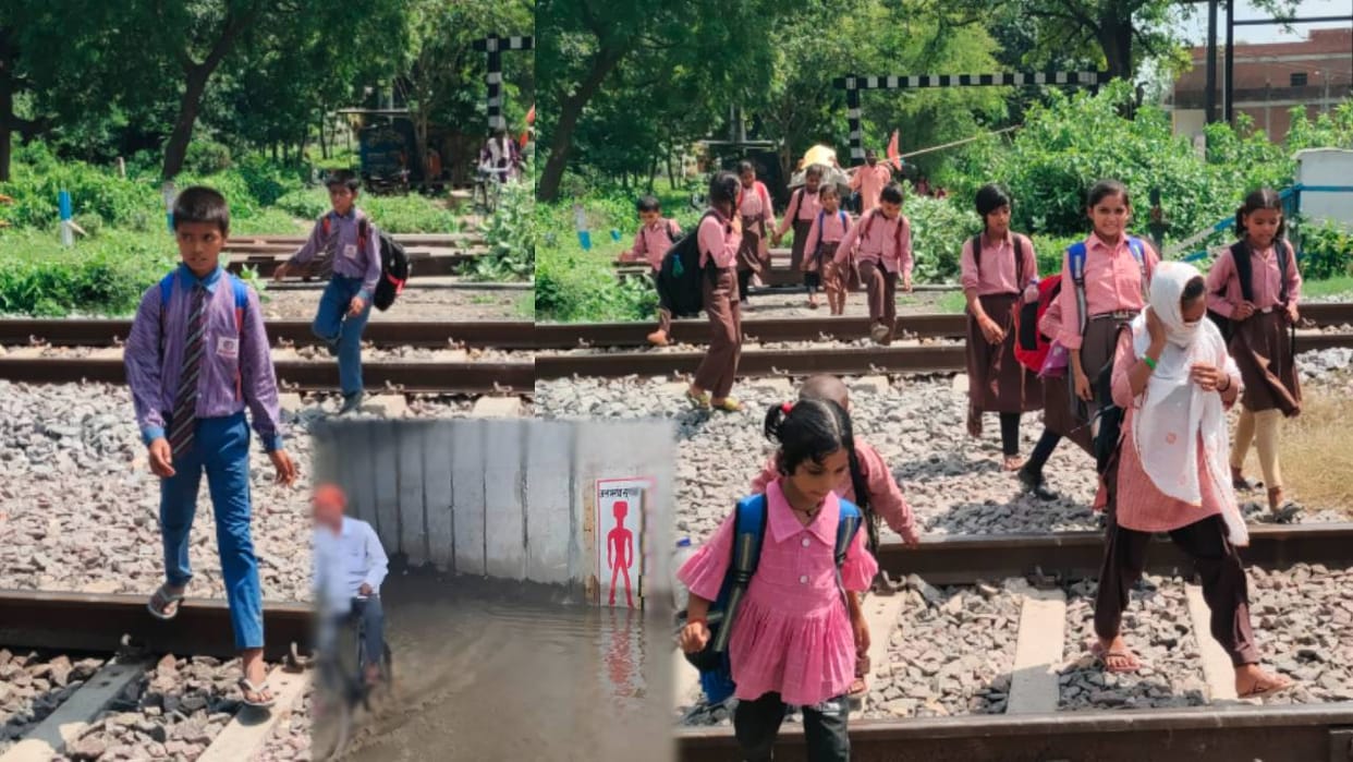 children risk their lives by crossing railway track to go to school due to waterlogging in underpass In Amethi