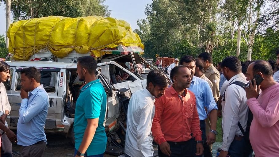 Student and Teacher died in a school van accident on Gajraula road in Amroha See photos