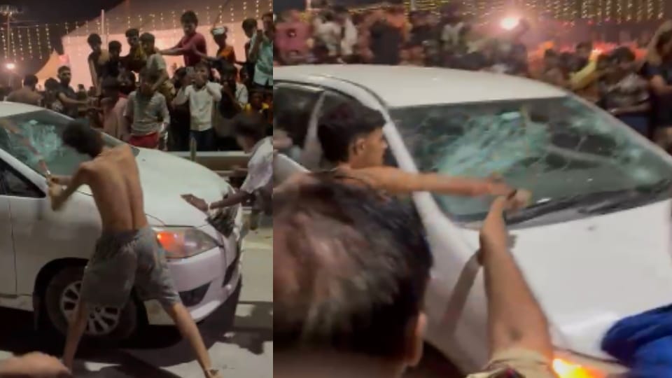 Kanwariyas Clash After Car Hits Devotee in Shahjahanpur, Car Vandalized with Sticks