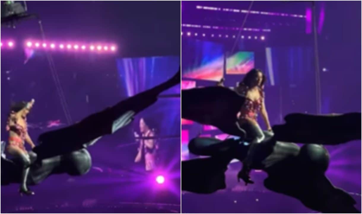 katy perry nearly falls during concert on giant butterfly roar performance viral video prop malfunction