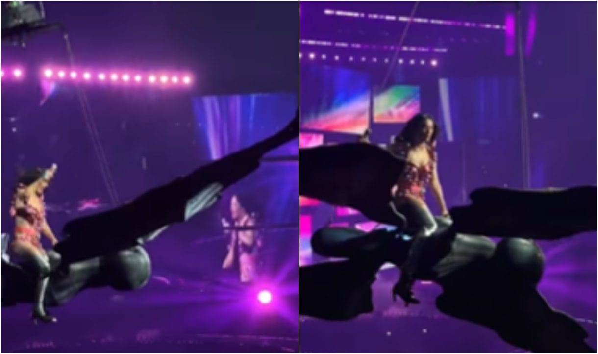 katy perry nearly falls during concert on giant butterfly roar performance viral video prop malfunction