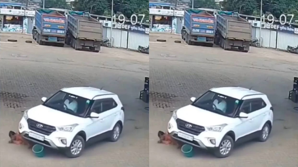 A woman was cleaning in front of a petrol pump when a car came at high speed and crushed the woman
