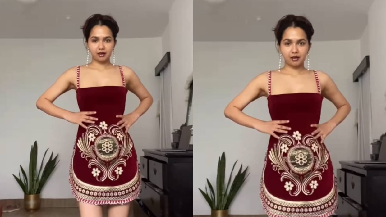 Girl made a one piece dress from the sofa cover the video is winning hearts goes Viral on Internet