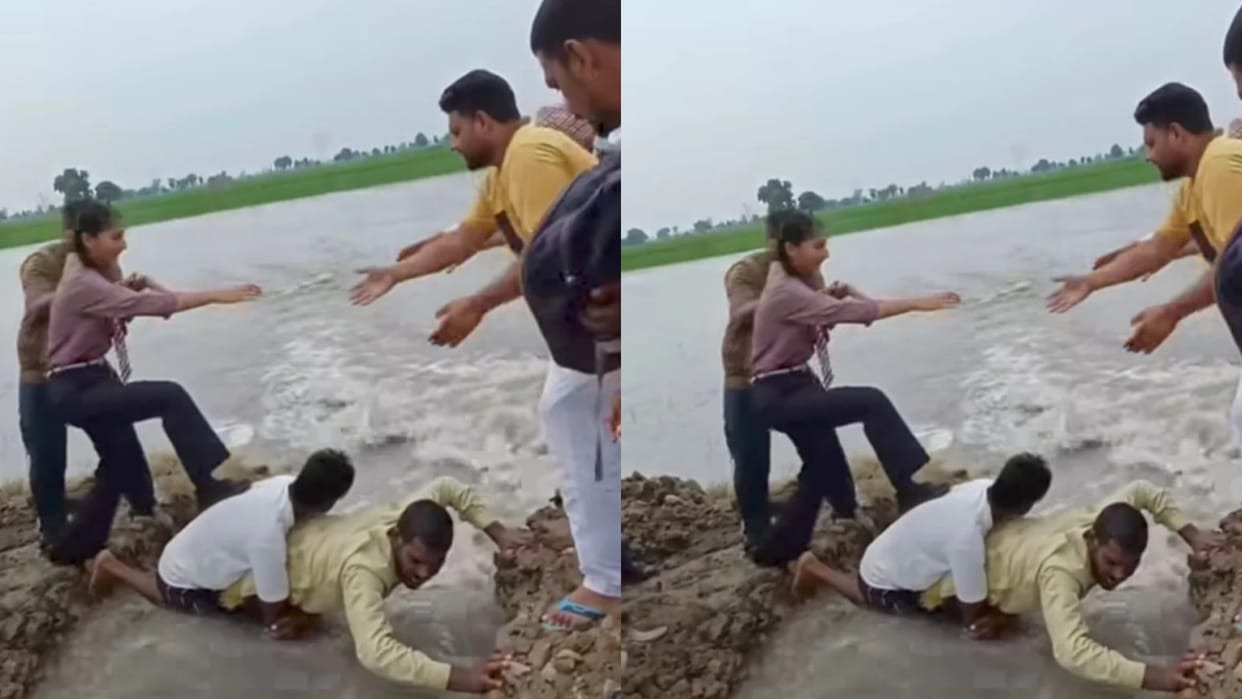 heroic humanity punjab villagers carry student on backs across broken road after floods video viral