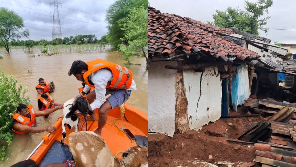 भारी बारिश से नदी-नाले उफान पर और मकान ढहा