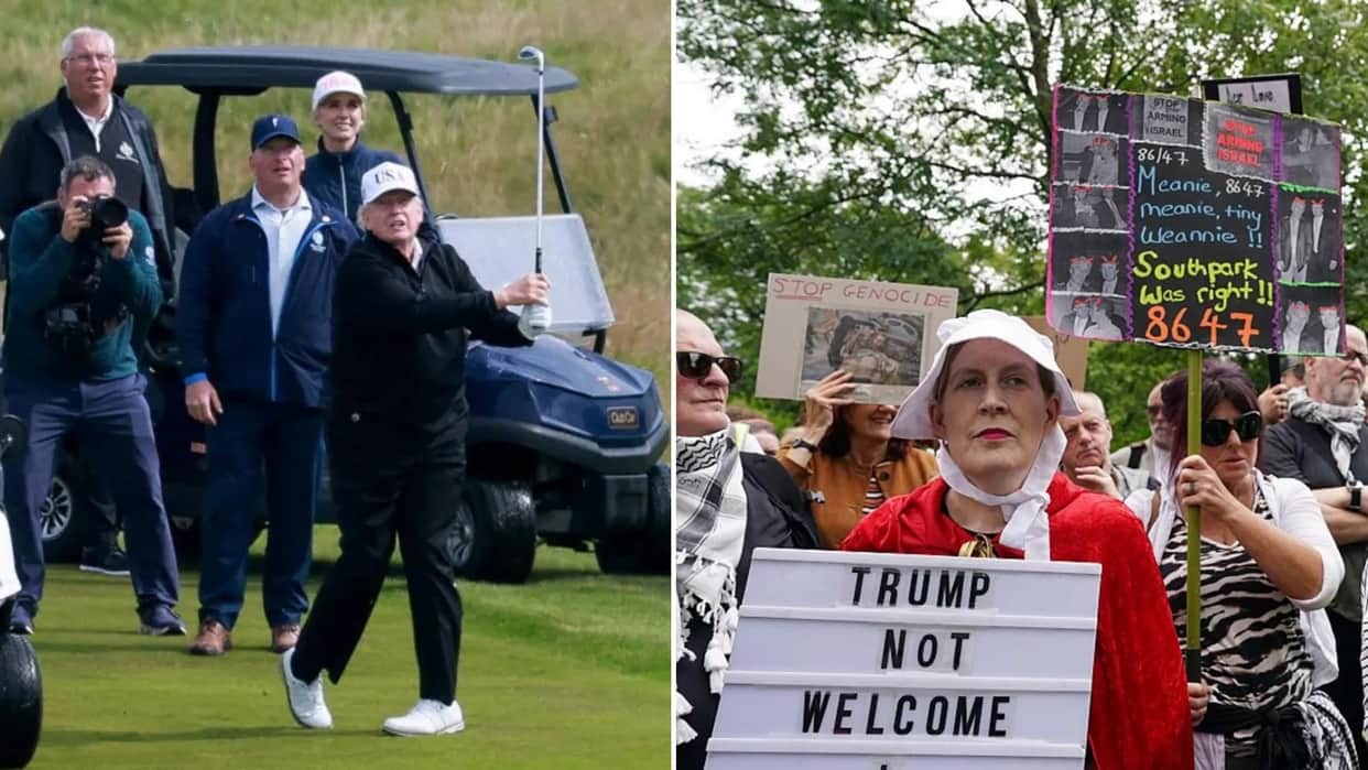 Trump plays golf in Scotland while protesters take to the streets and decry his visit