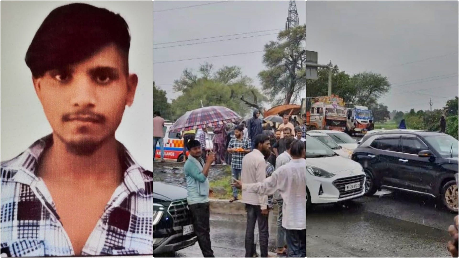 मृतक आयुष तथा सड़क जाम कर प्रदर्शन करते परिजन और ग्रामीण