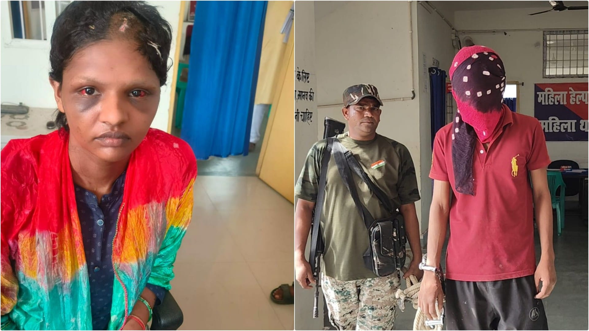 पीड़ित महिला और पुलिस की गिरफ्त में आरोपी पति शिवम