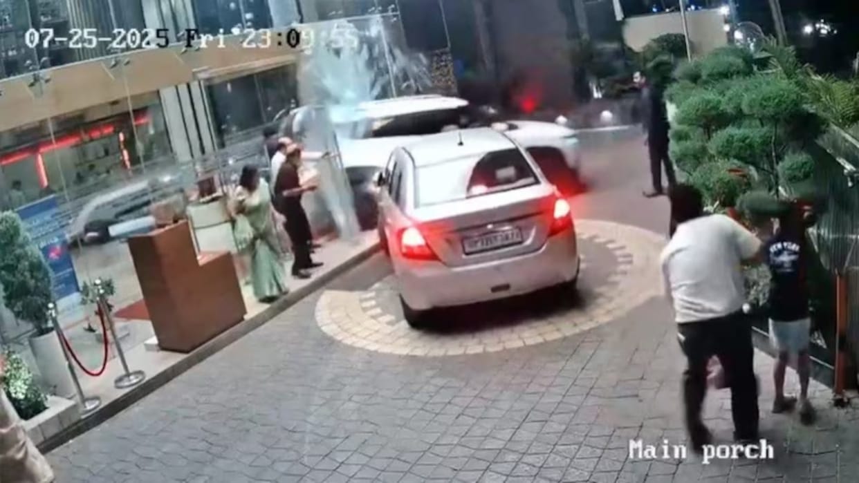 bareilly woman driver pressed accelerator instead of brake car broke glass wall and entered hotel video viral
