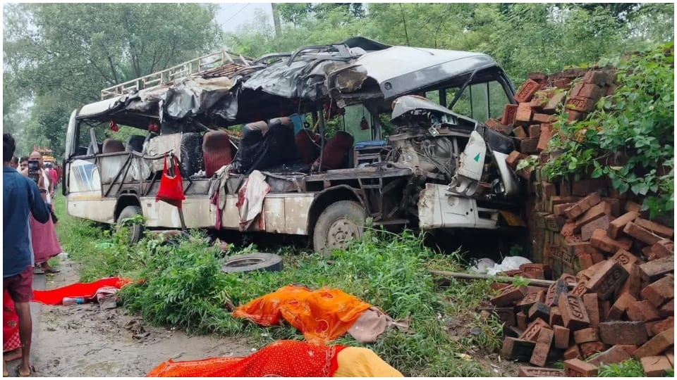 Deoghar Bus Accident Driver Falls Asleep Bus Hits Truck, Mounts Stone Pile, Crashes Into Brick Stack