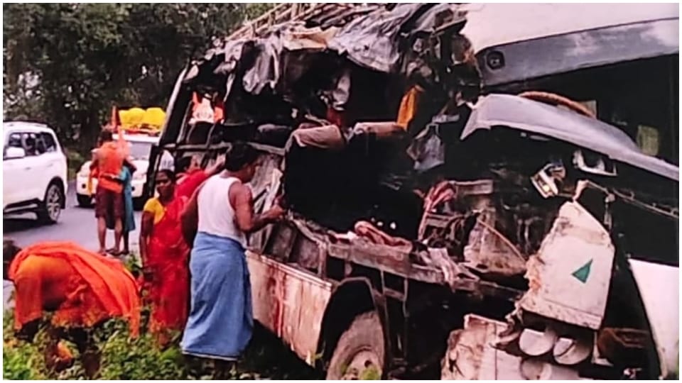 Deoghar Bus Accident Driver Falls Asleep Bus Hits Truck, Mounts Stone Pile, Crashes Into Brick Stack