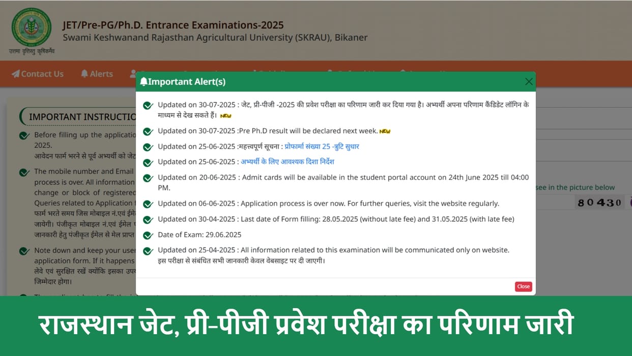 Rajasthan JET, Pre PG Entrance Exam Result Out at jetskrau2025.com; Direct link here to download