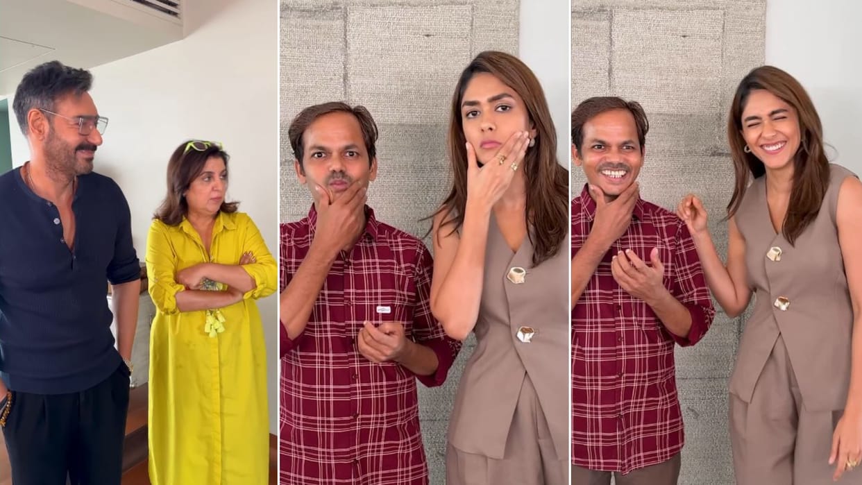 ajay devgn mrunal thakur at Farah Khan Kunder house to teach cook dilip son of sardaar 2 dance steps