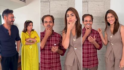 Farah Khan: कुक दिलीप को 'सन ऑफ सरदार 2' के डांस स्टेप्स सिखाती दिखीं मृणाल ठाकुर, सरप्राइज दिखे अजय और फराह ajay devgn mrunal thakur at Farah Khan Kunder house to teach cook dilip son of sardaar 2 dance steps